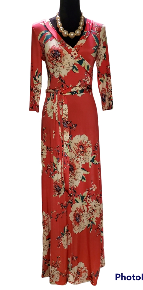 Gabby Grace Sz M (Janette) Long Sleeve Maxi Dress Mock Wrap Design Sash